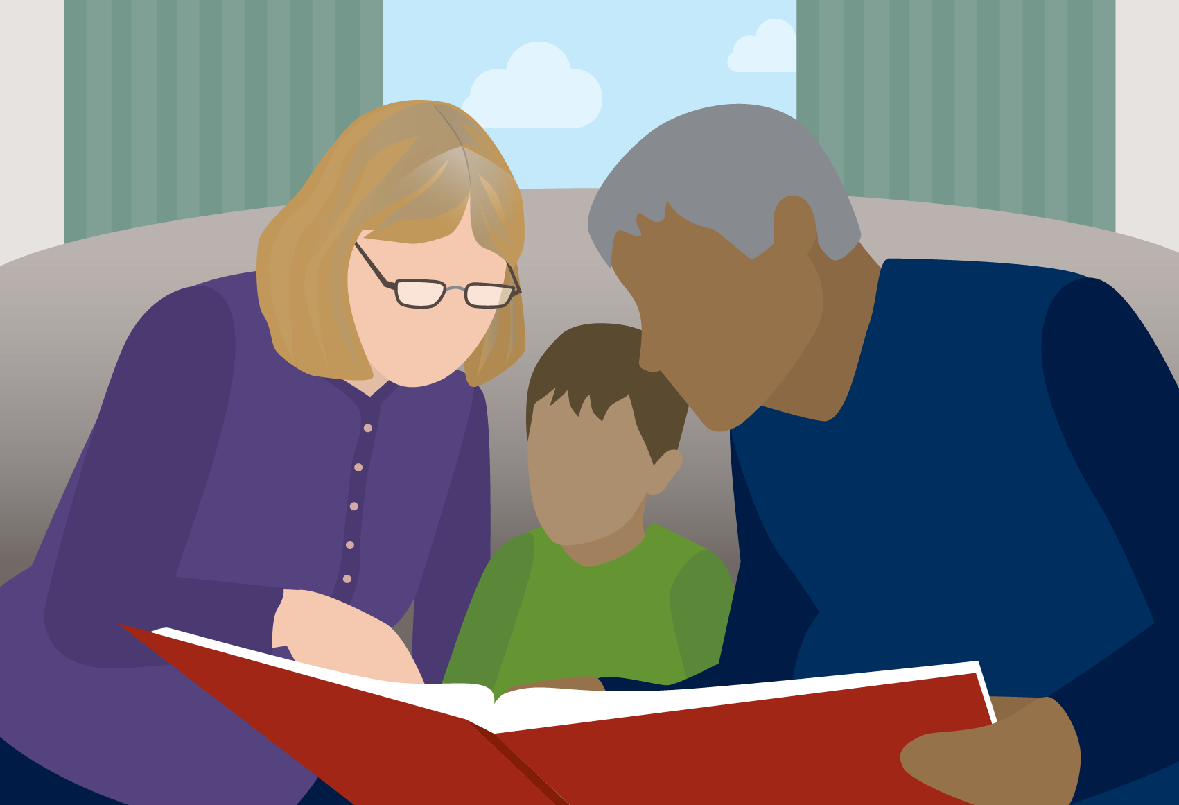 Grandparents reading a book to their grandchild