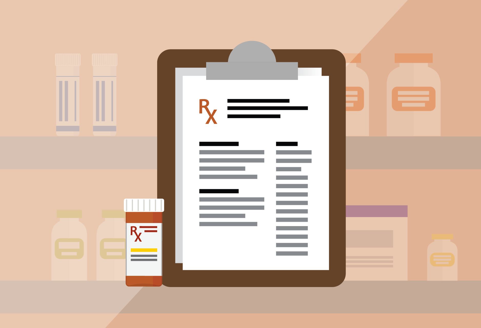 a patient chart on a clipboard next to a bottle of medication