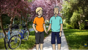 cartoon couple holding hands superimposed on a photo of a park bike trail