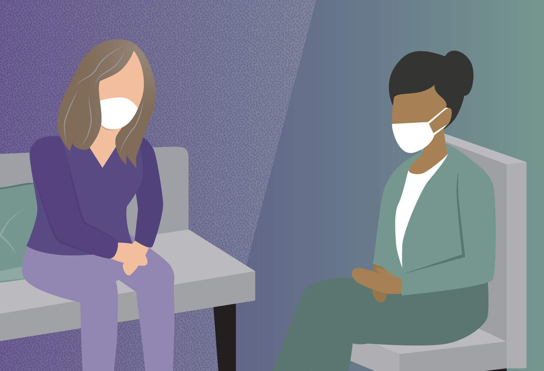 Client and therapist talking while wearing masks