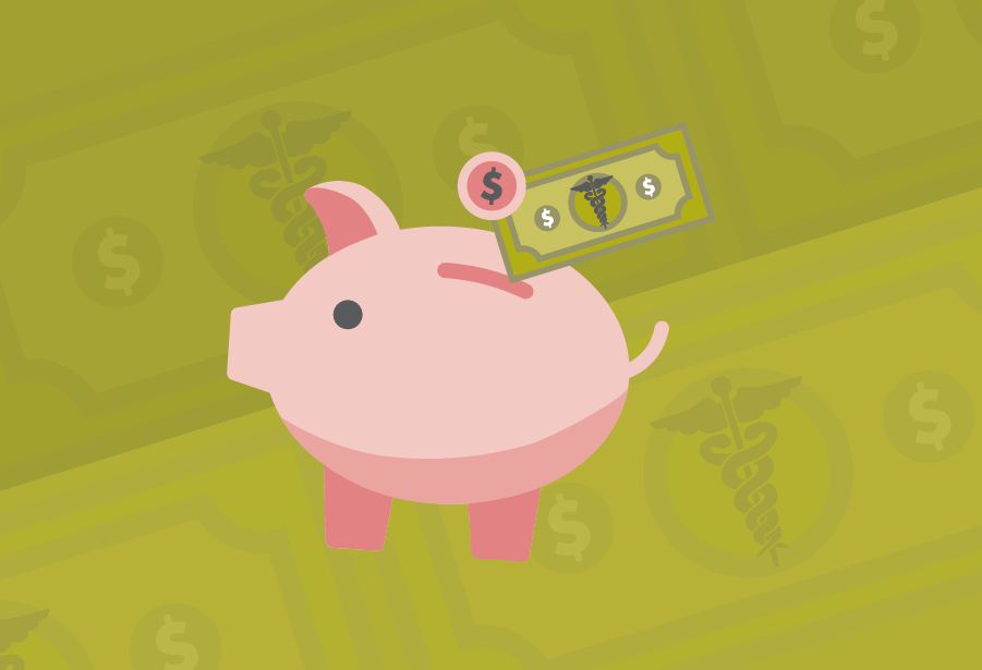 A piggy bank with a dollar with a health care symbol on it