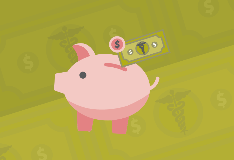 Health care expenses Piggy bank holding a dollar with a health care symbol on it