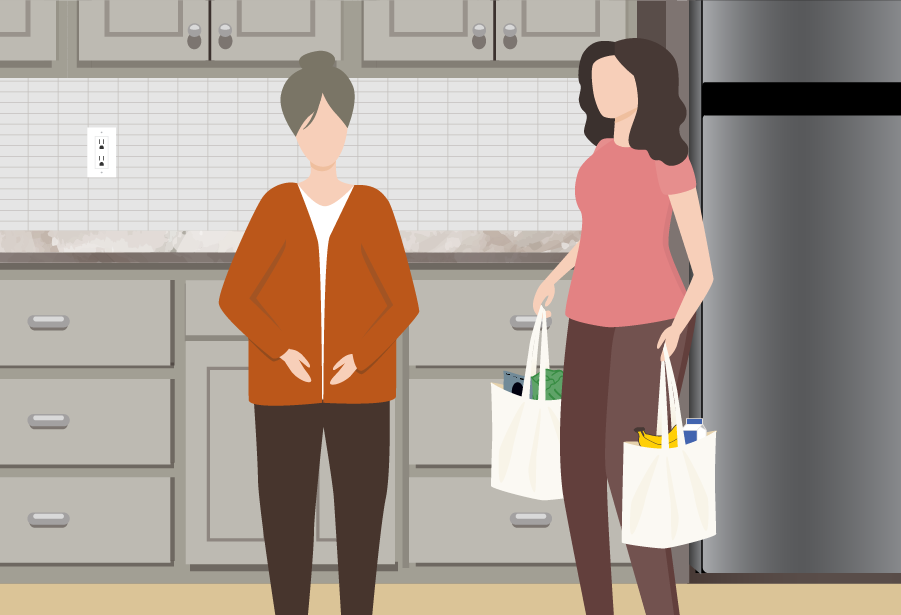 An older woman in a kitchen with a younger woman holding  bags of groceries