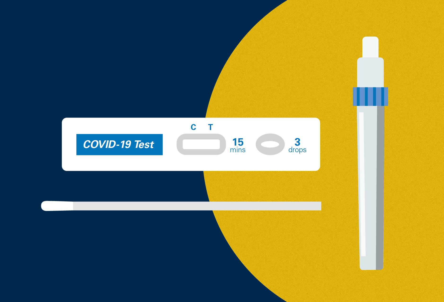 COVID test with test tube and swab on maize and blue background