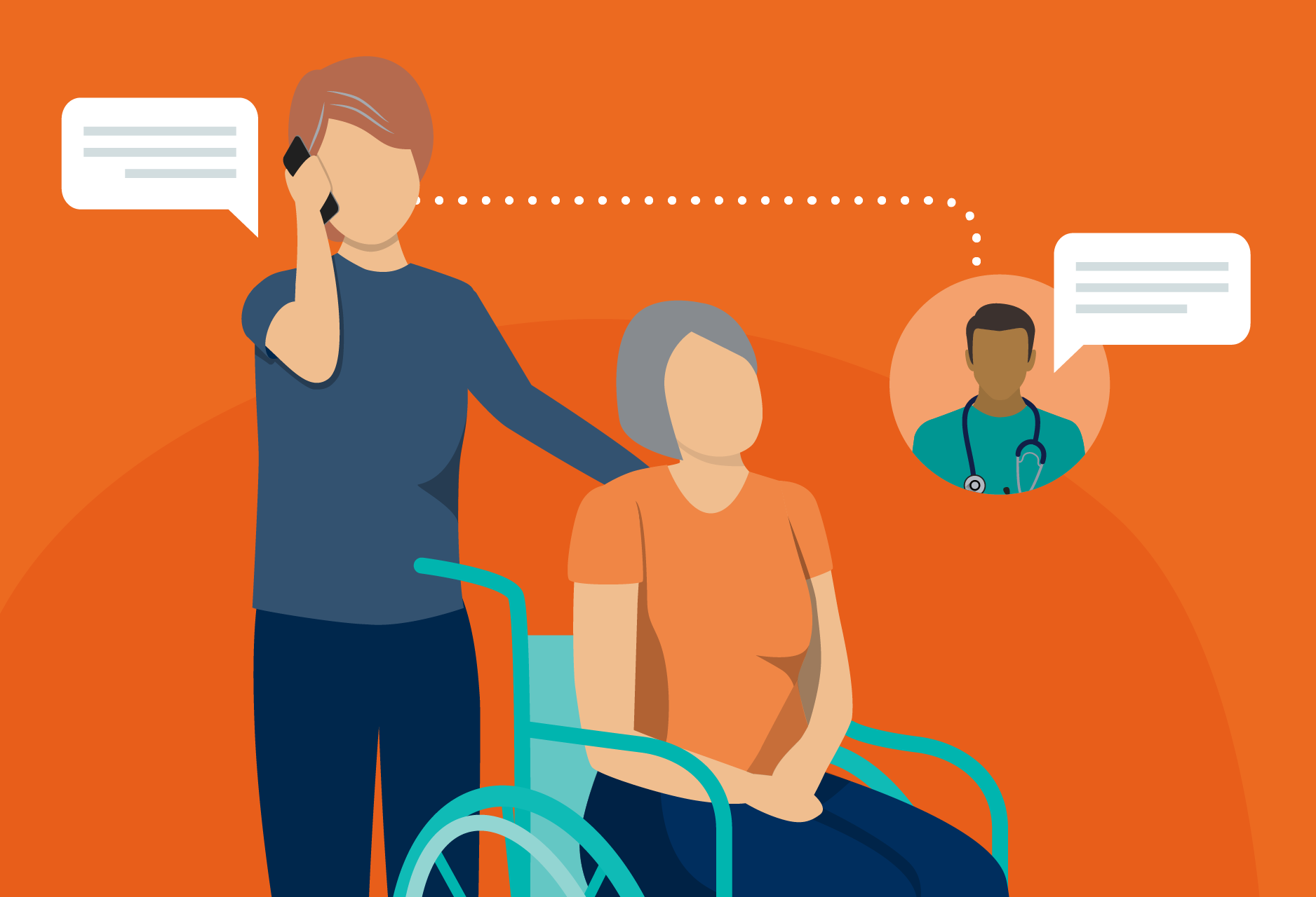 A caregiver pushing an older adult in a wheelchair while talking to a doctor on the phone