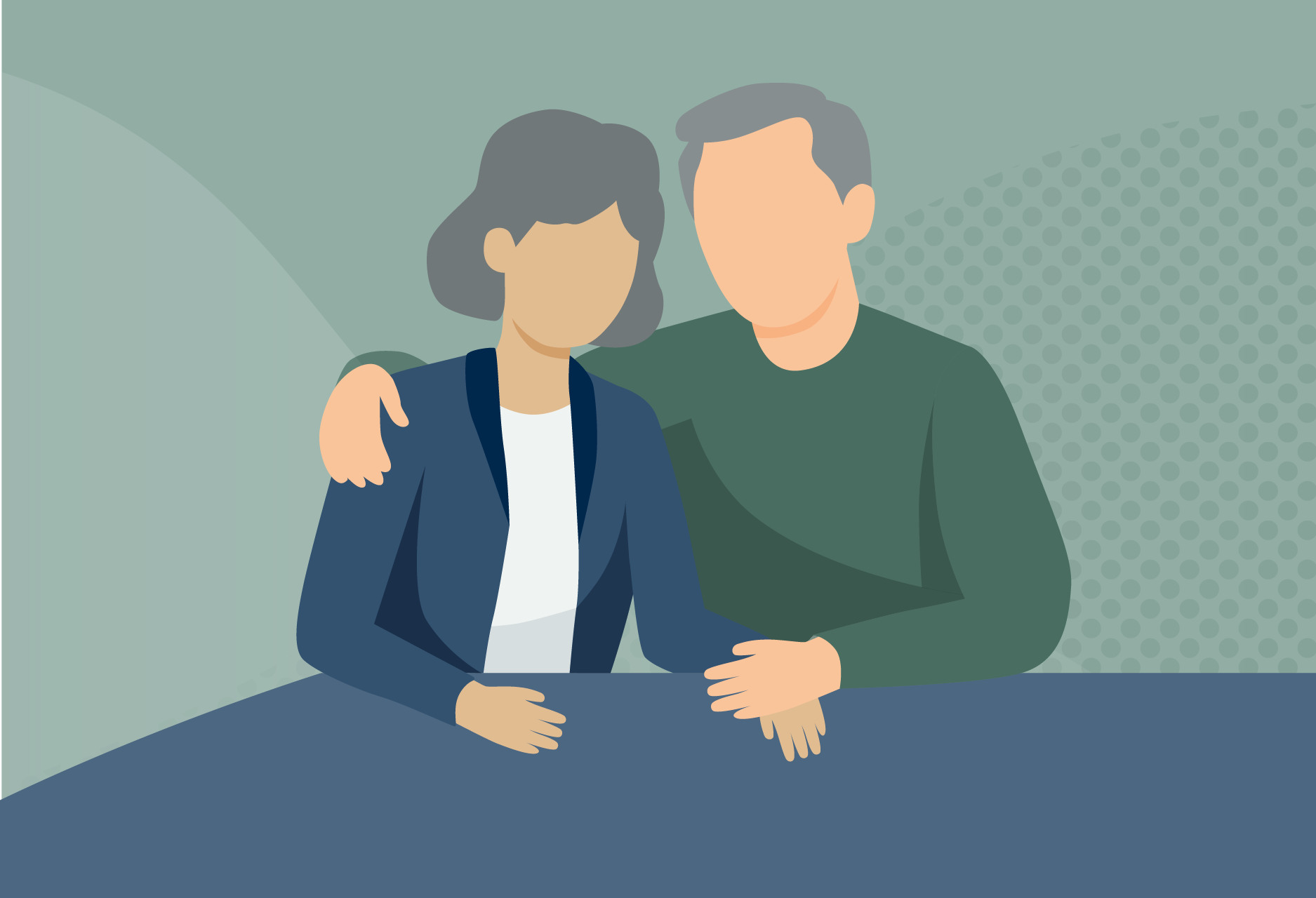 A couple holding hands, sitting at table