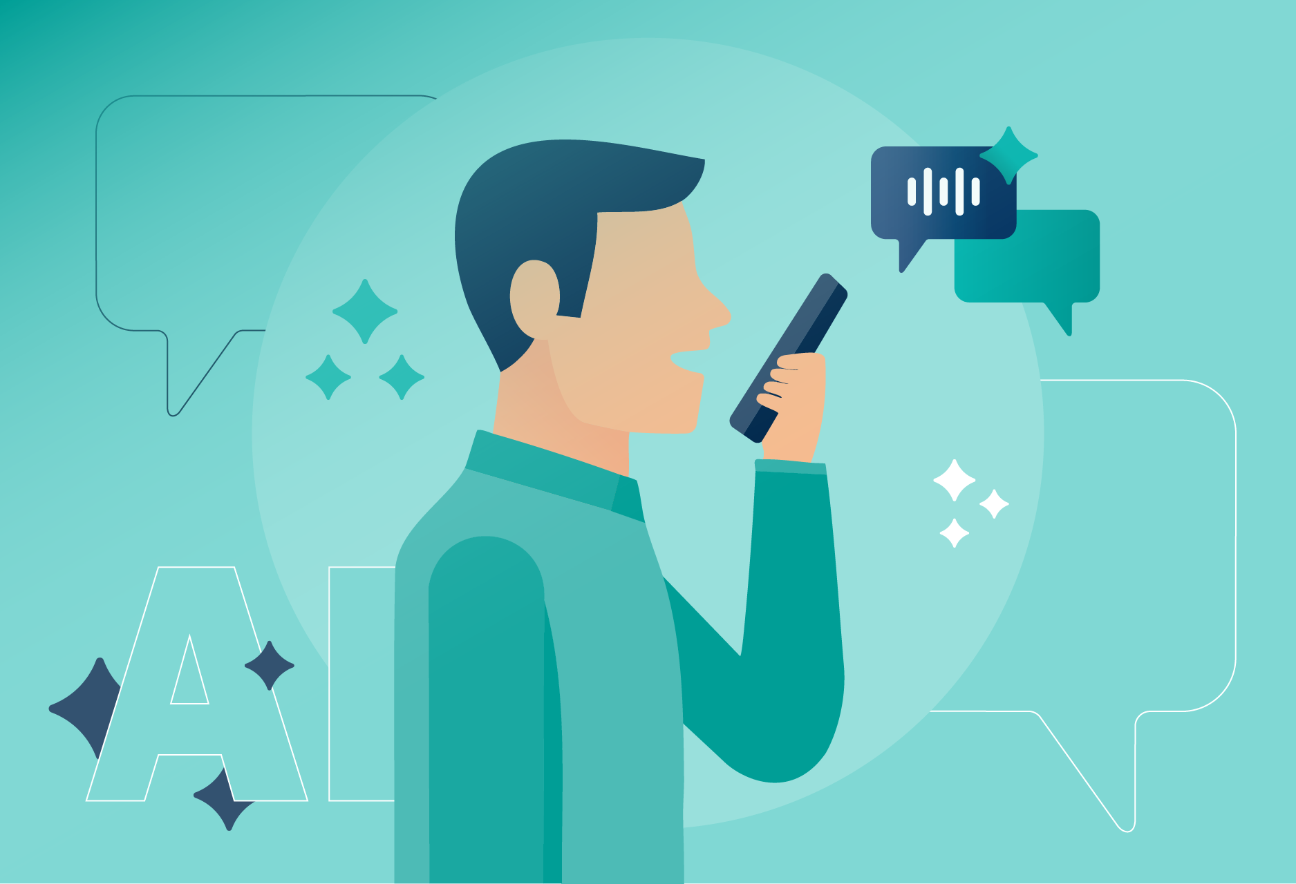 Man talking to AI chatbot on phone