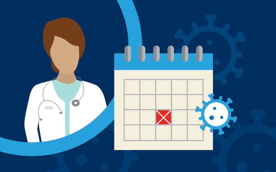 A doctor next to a calendar with a cancelled appointment next to a COVID virus icon