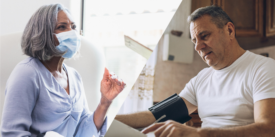 Older woman in mask at doctors office; man checking blood pressure at home